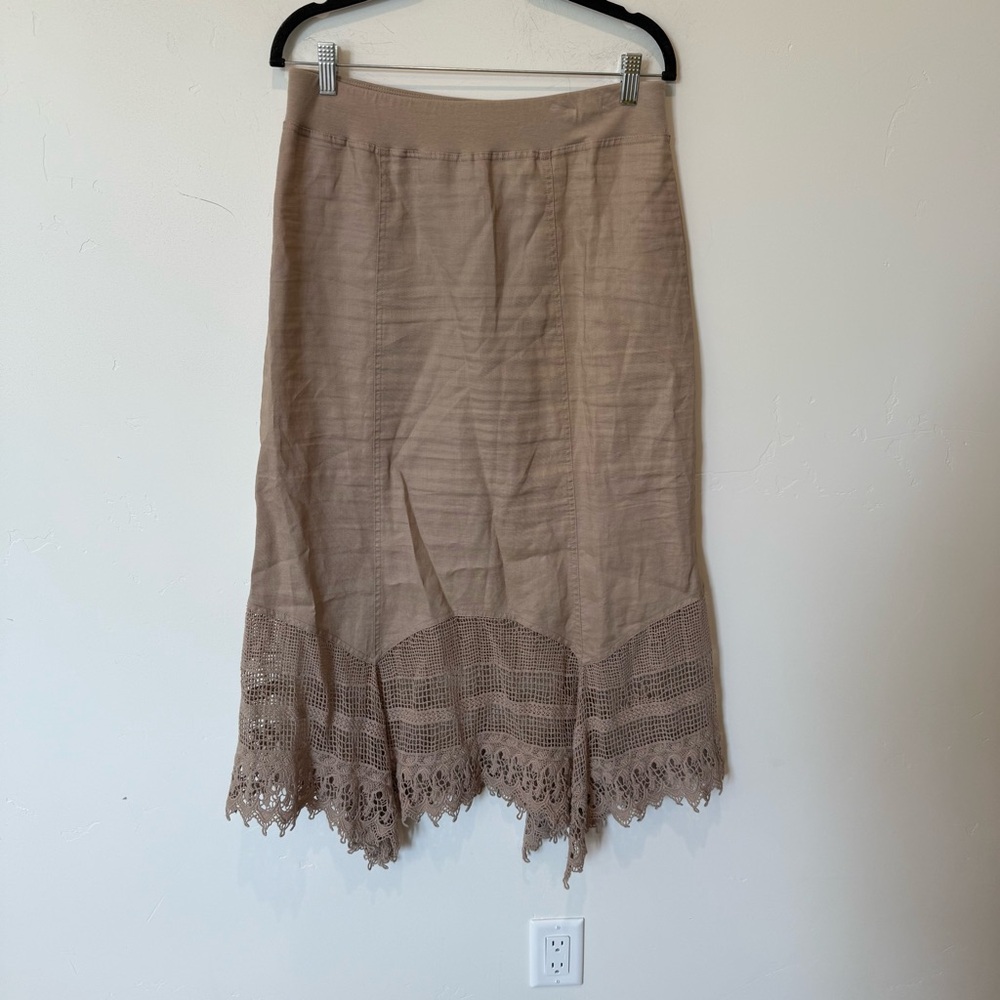 Chico's Tan Midi Skirt with Lace Hem Womens Size Medium 1 Cotton Boho Beachy